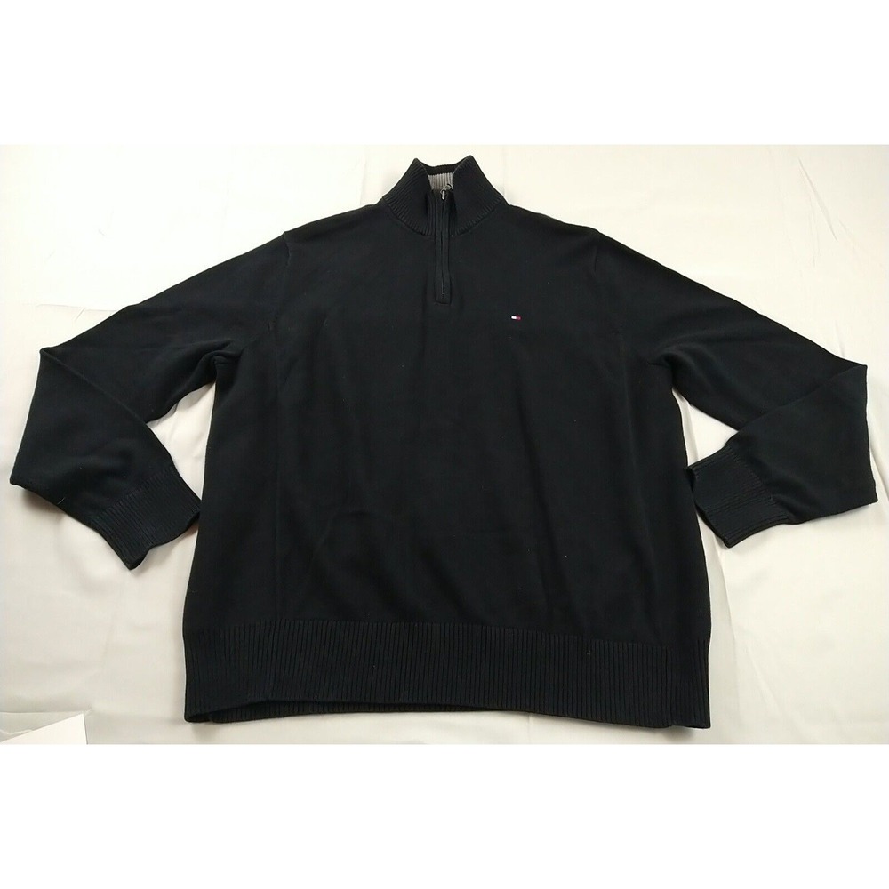 Tommy Hilfiger Sweater Men L Black 1/4 Zip‎ Mock Collar Long Sleeve Preppy (908)